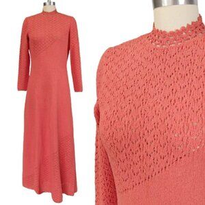 Vintage 60's Picardo Knits Maxi Dress Size S M Pink Coral Crochet Pointelle